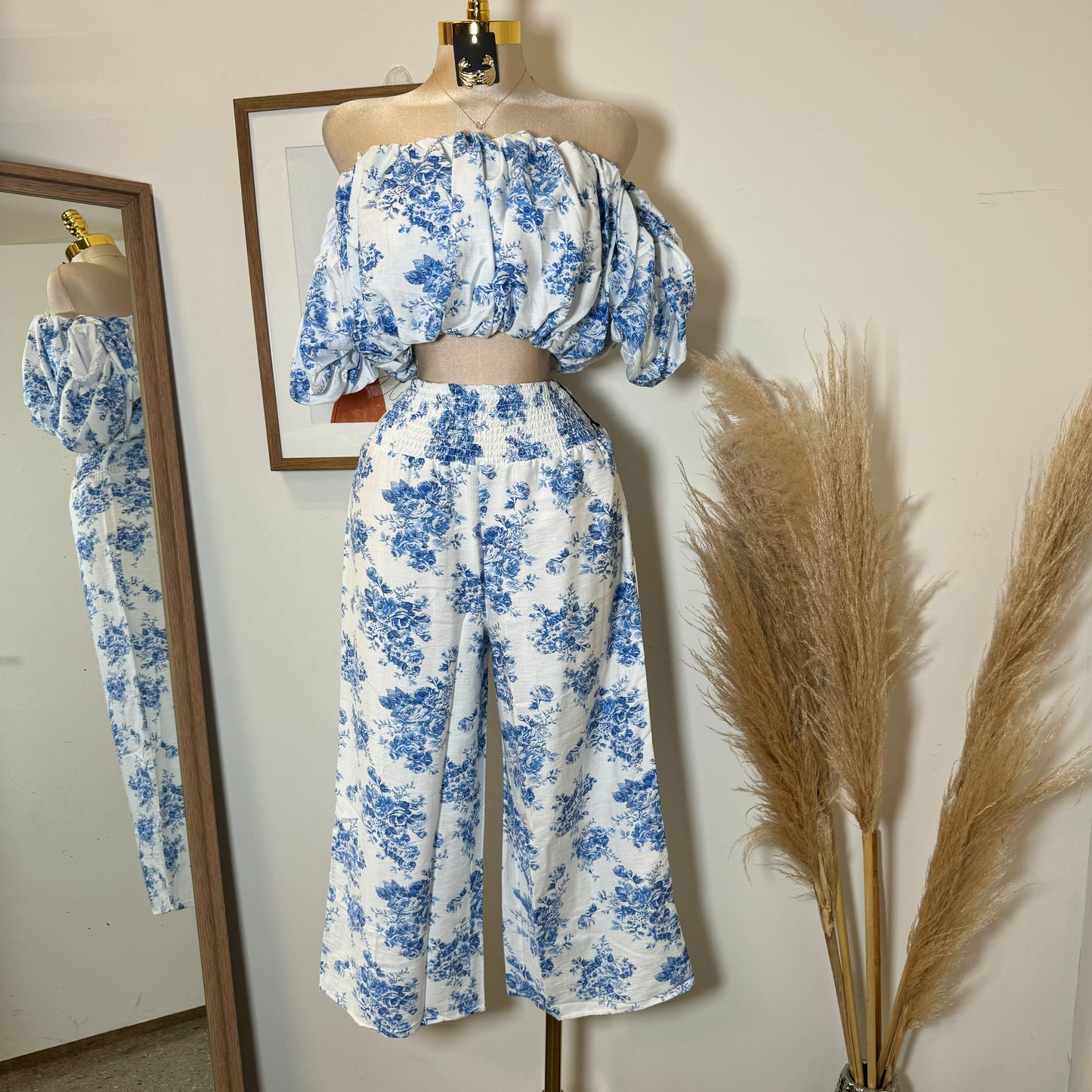 Off Shoulder Floral Top and Pant-Blue/White