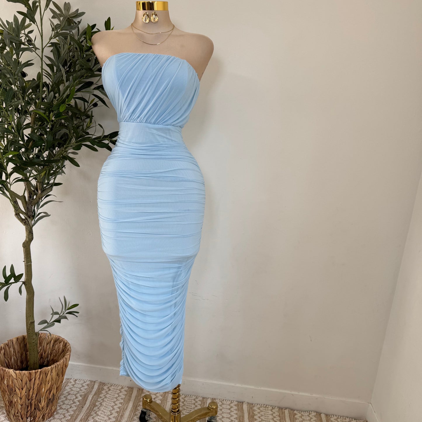 Mesh Off Shoulder Maxi Dress-Baby Blue