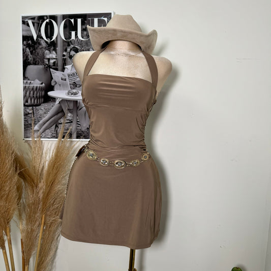 Sleeveless Halter Square Neckline Mini Dress-Brown