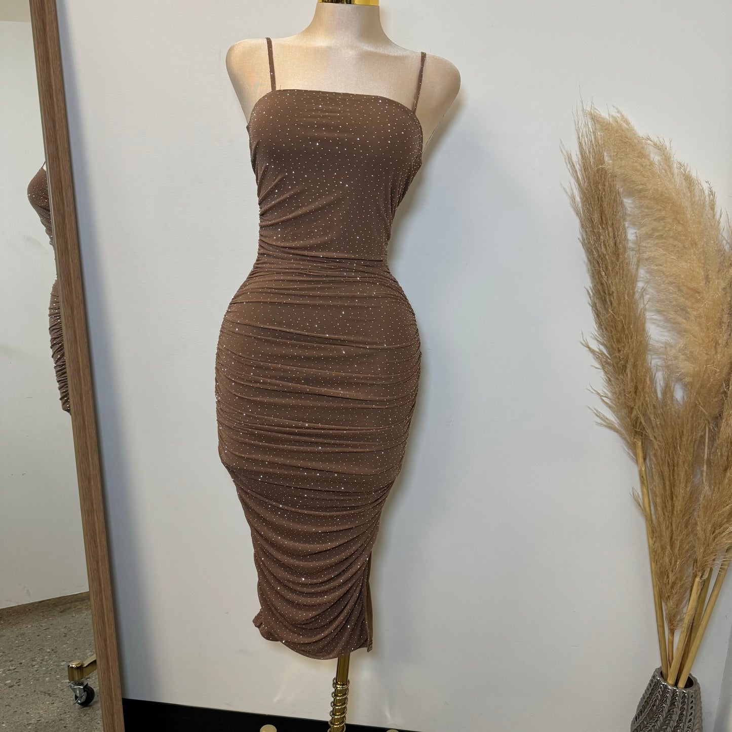 Sol Rhinestone Midi Dress-Brown