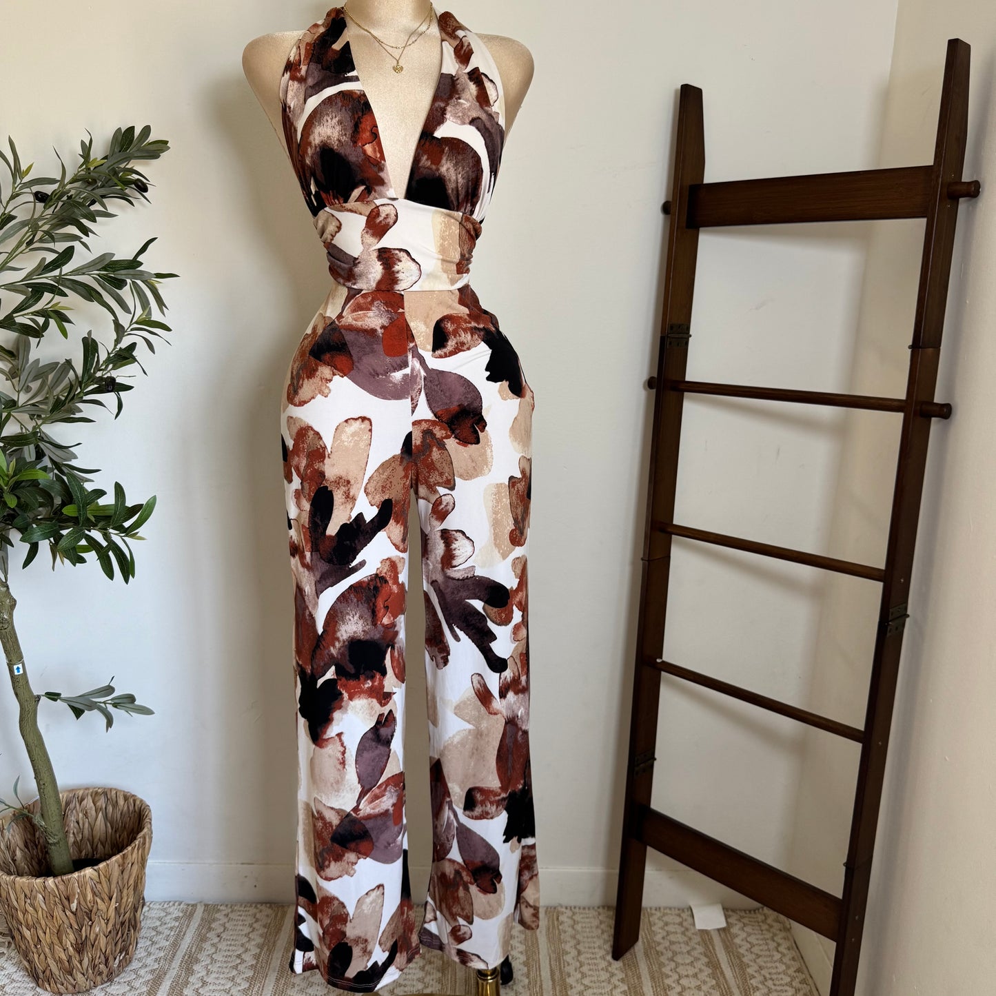 Halter Jumpsuit-Burgundy/Brown