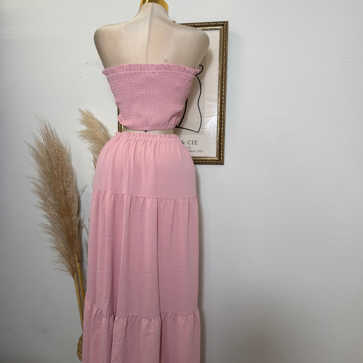 Smocking Tube Top and Ruffles Hem Maxi-Pink