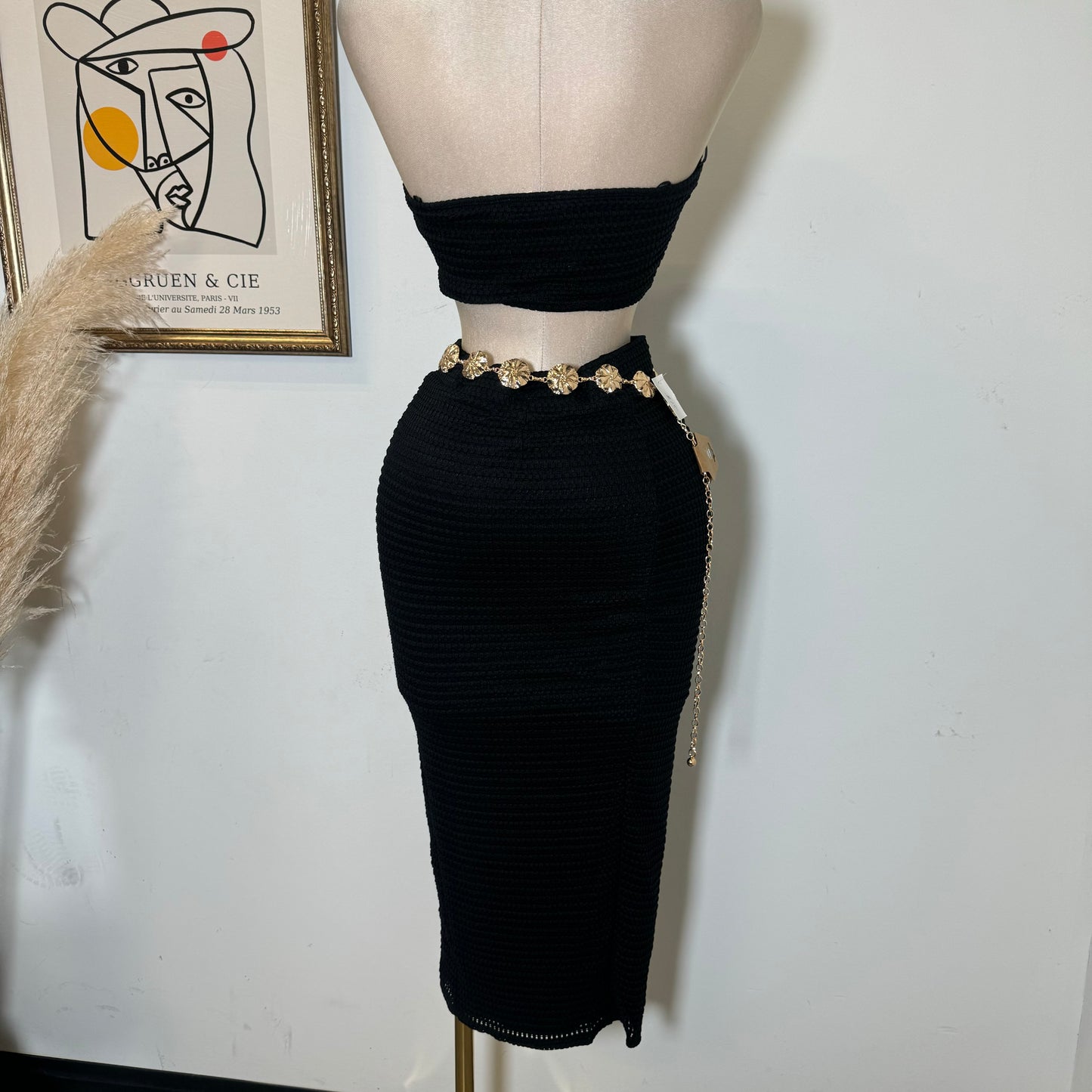 Fishnet Textured Knit Bow Tie Tube Top & Skirt Set-Black