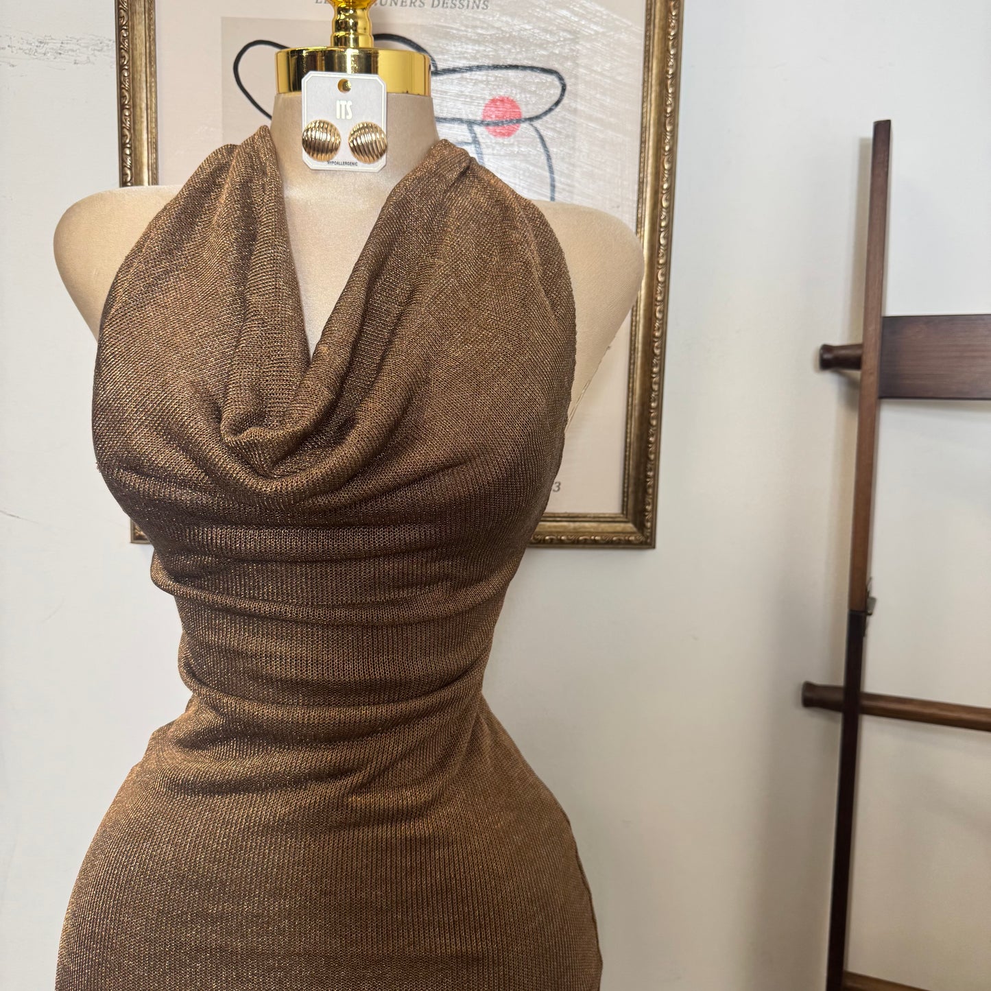 Halter Cowl Neck Metallic Knit Maxi Dress-brown