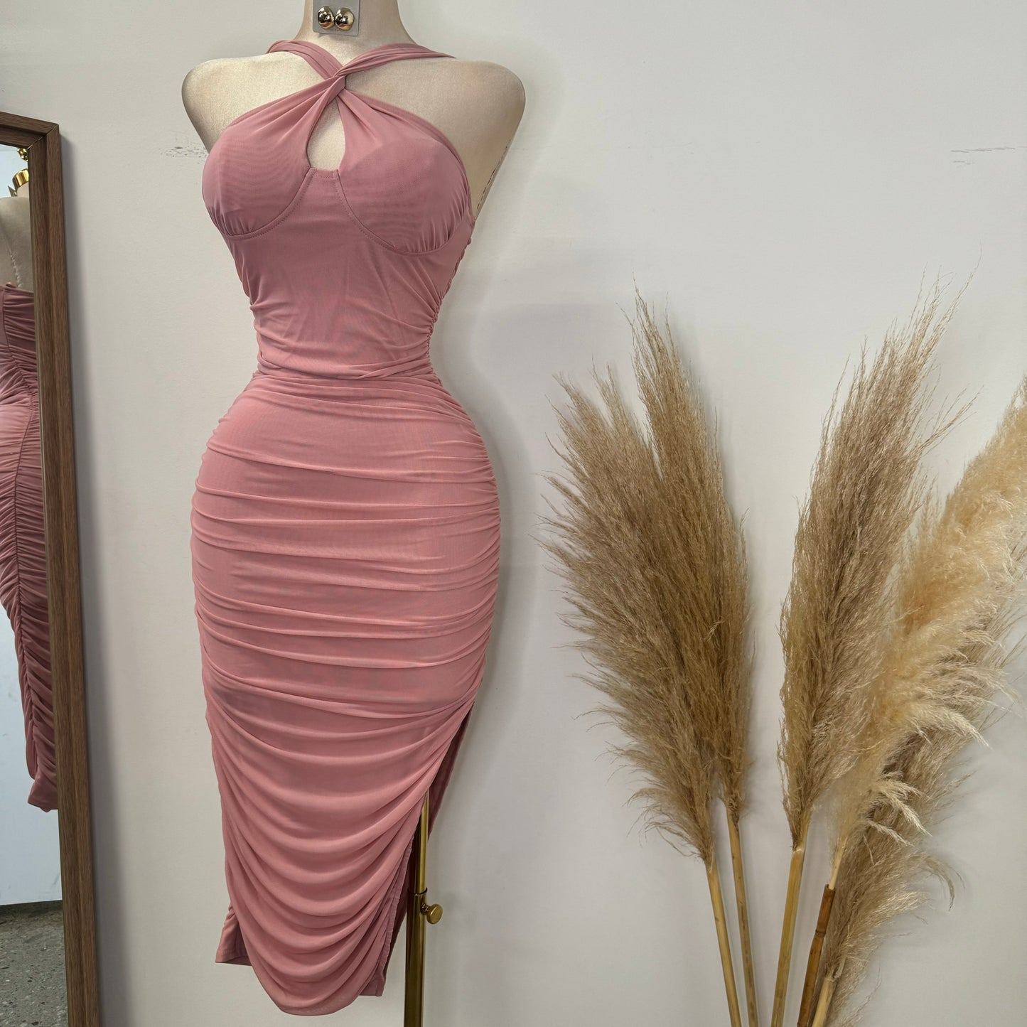 Inara Mesh Twist Halter Neck Midi Dress-Mauve