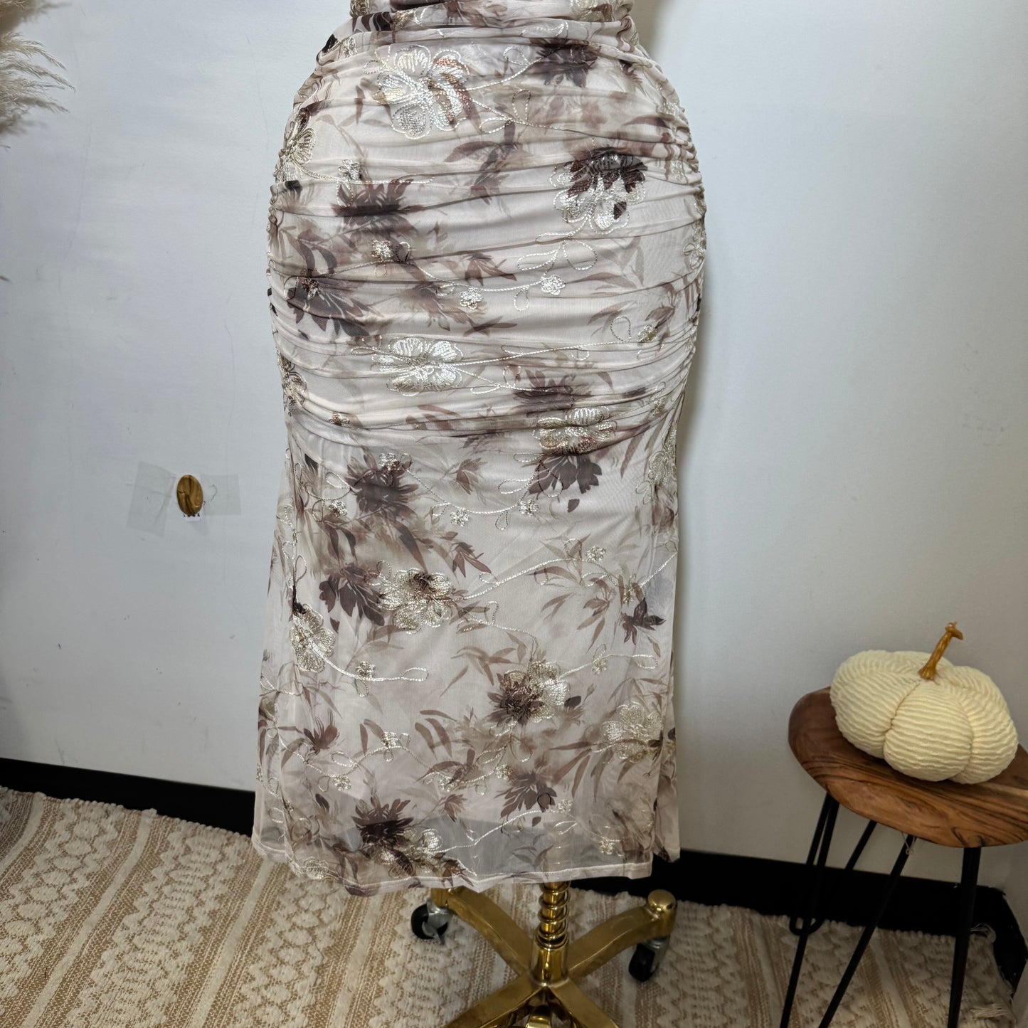 Deep Plunge Halter Neck a-Line Midi Dress-Brown