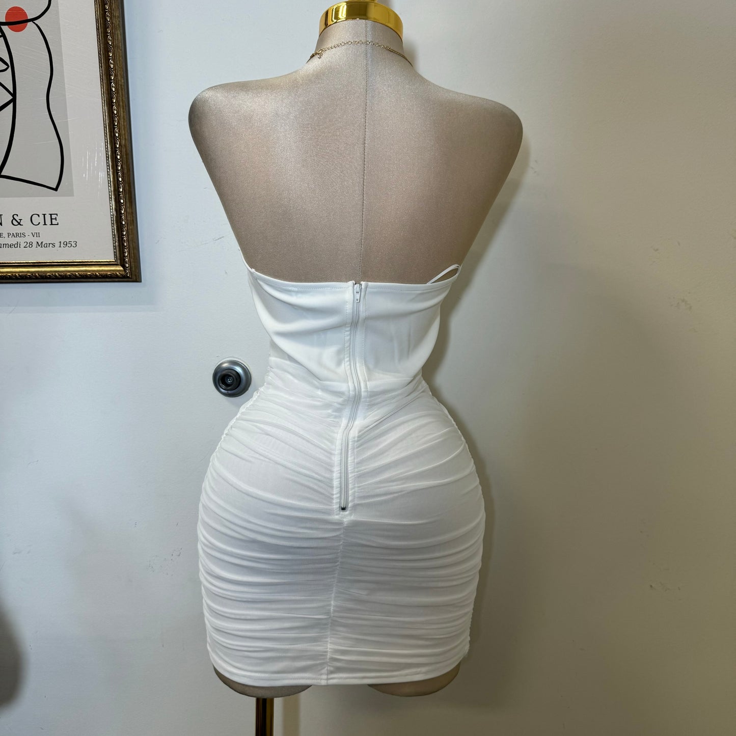 Stretch Woven Corset Detail Mesh Ruched Mini Tube Dress-White