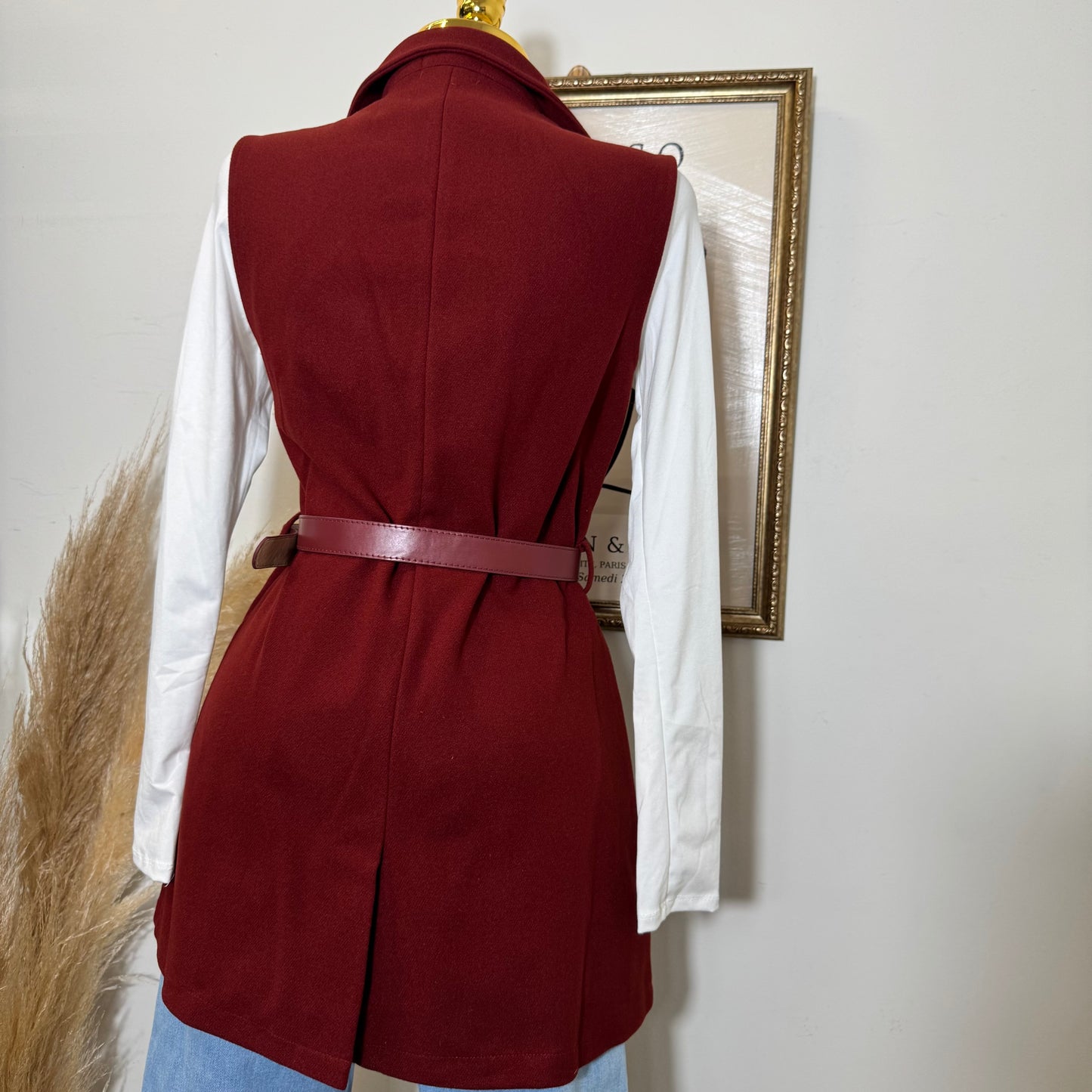 Brush leather Belted Blazer Coat Vest-burgundy