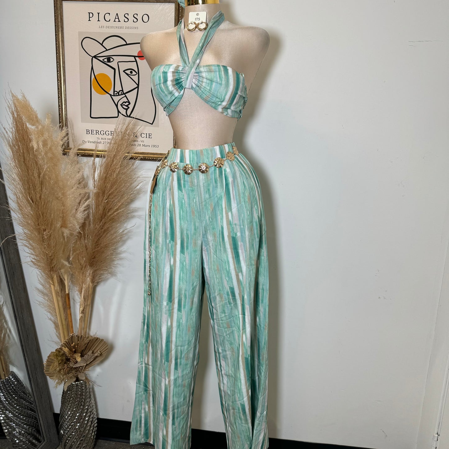 Woven Print Front Tie Crop Cami & Wide Pants-Green