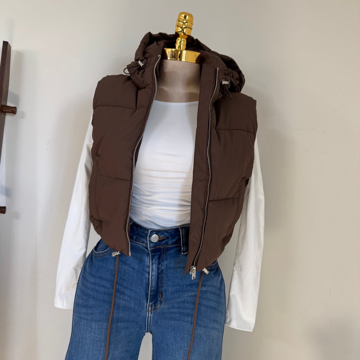 Cropped Puffer Vest W/ Adjustable Drawstrings- Espresso