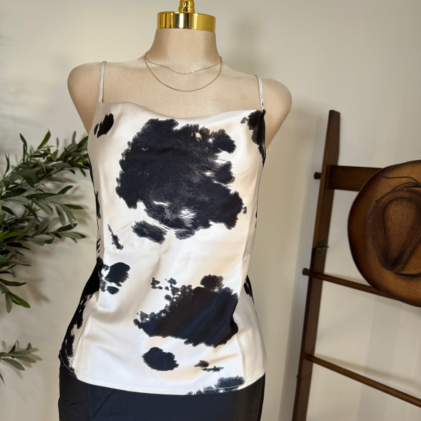 Satin Cow Print spaghetti Top-Black