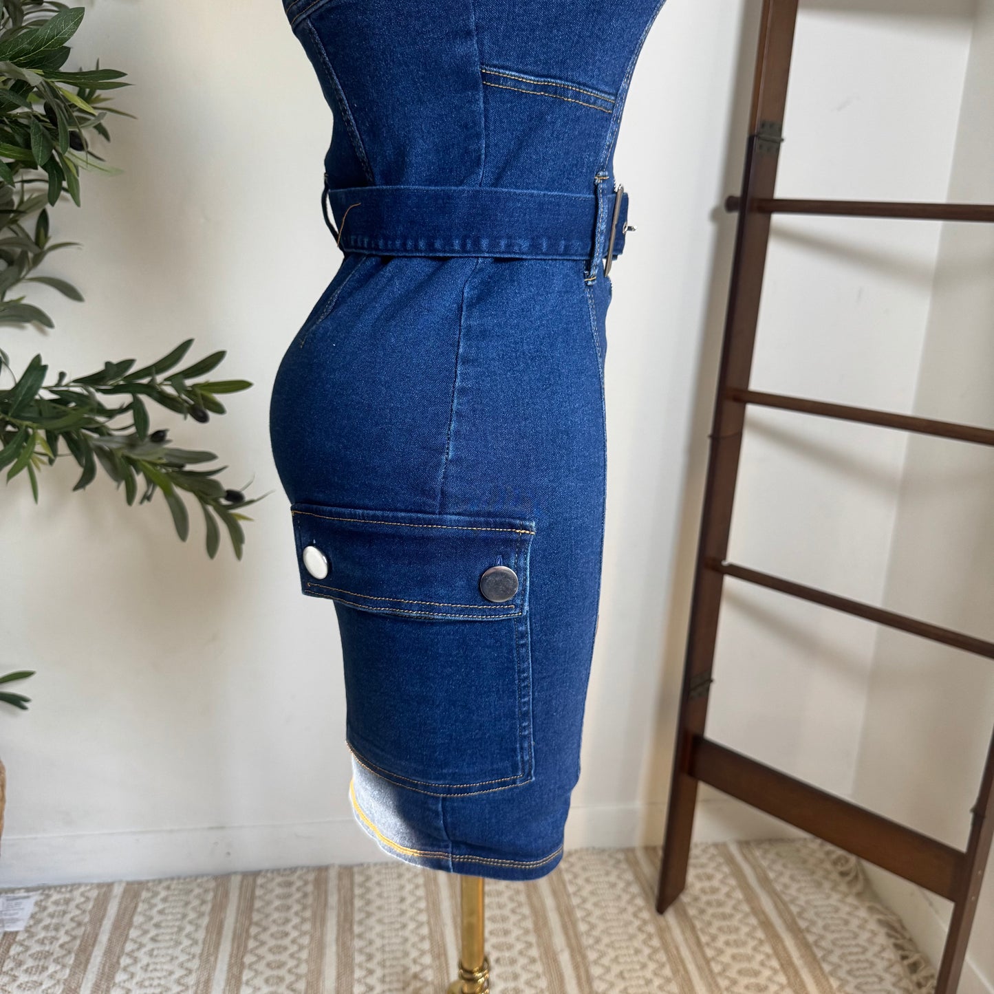 Cargo Strapless Denim Dress-Denim