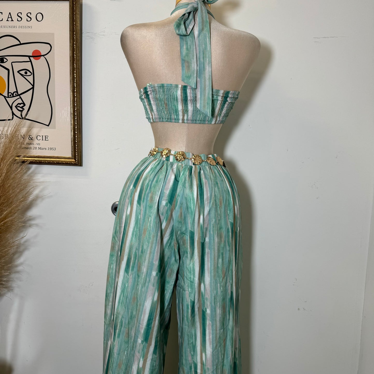 Woven Print Front Tie Crop Cami & Wide Pants-Green