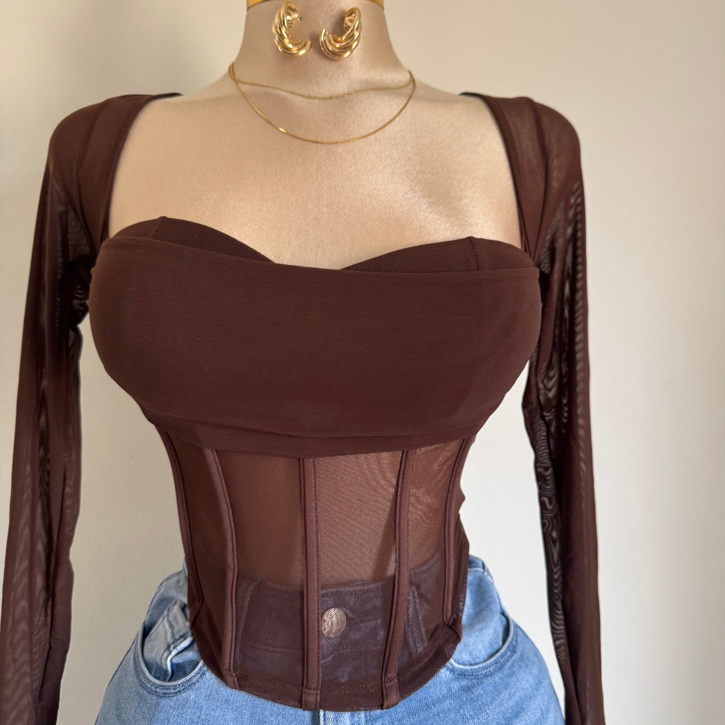 Mesh Long Sleeve Top-Chocolate