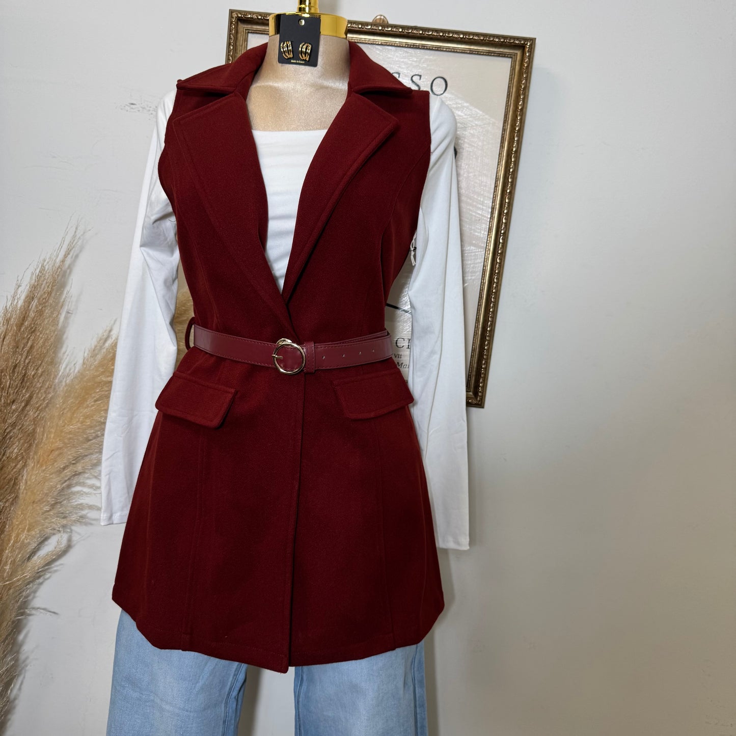Brush leather Belted Blazer Coat Vest-burgundy