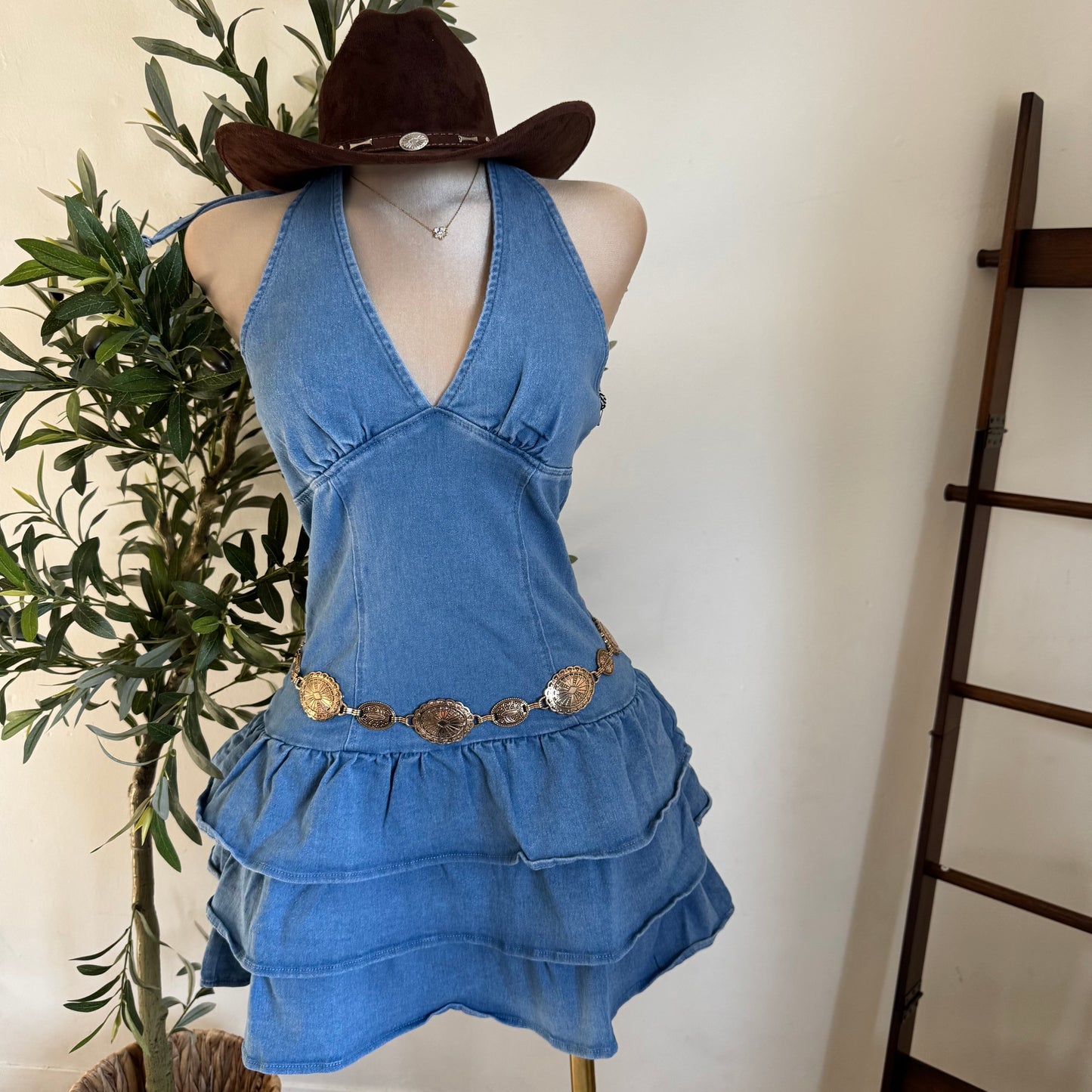 Halter Ruffle Denim Dress-Blue