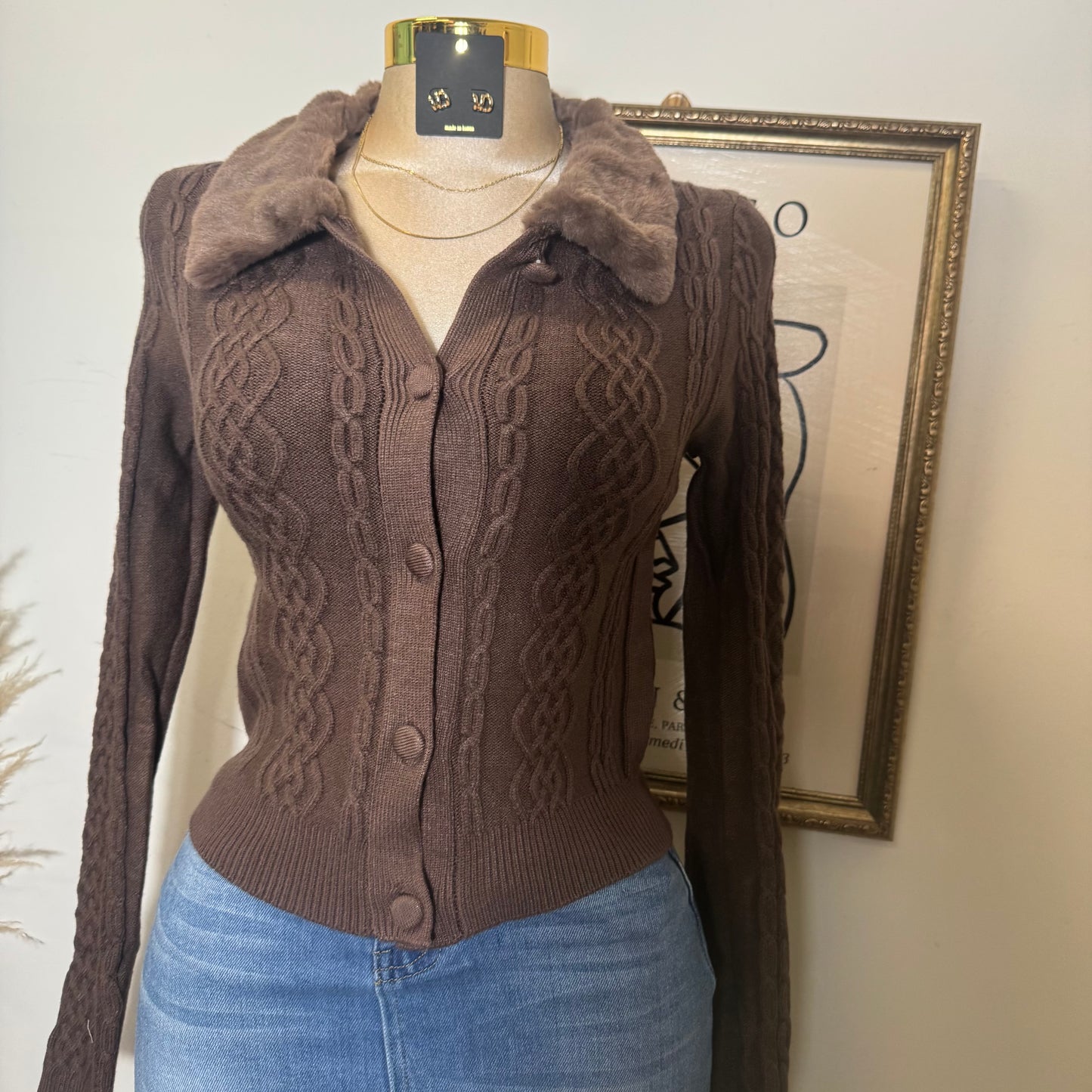 Crew Neck Viscose Rib Sweater-Brown