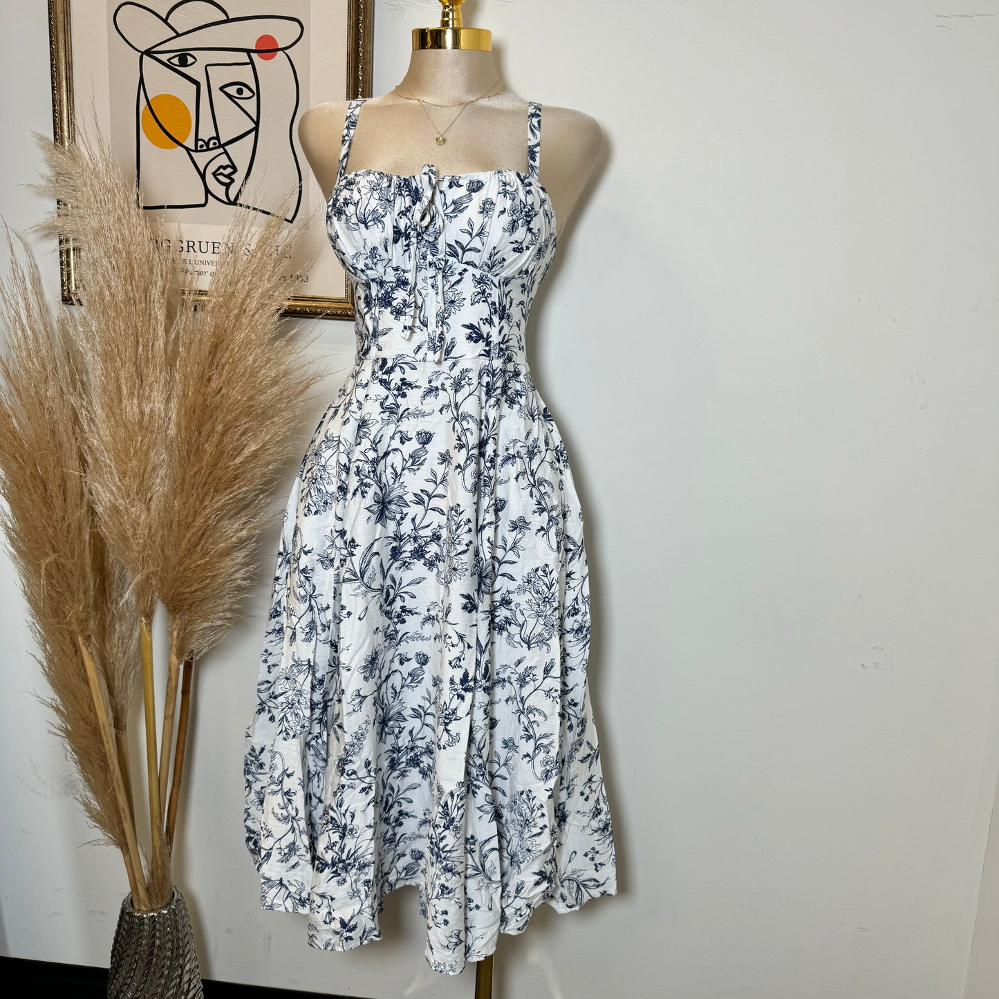 Picnic Corset Midi Dress-Blue/White