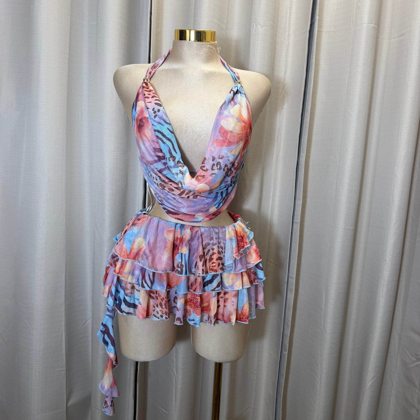 Cowl Neck Top and Mini Skirt-Blue