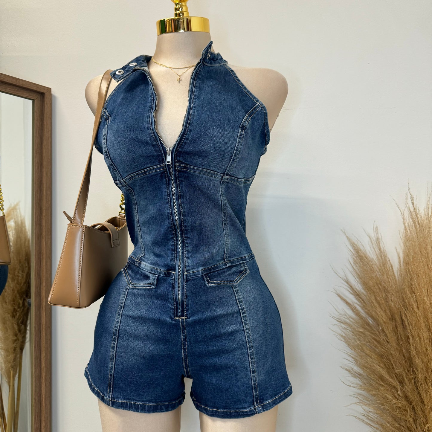 Denim Halter Romper-Dk Blue
