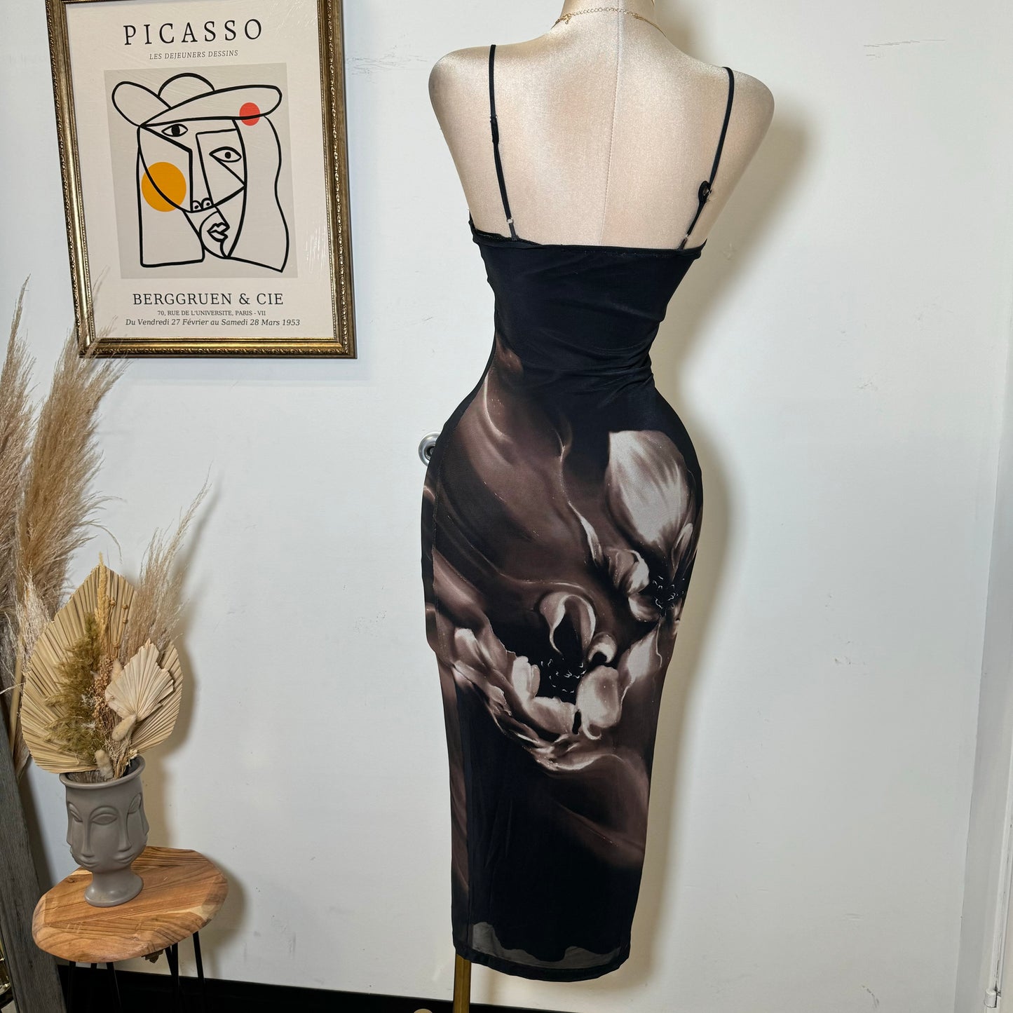 Alivis Mesh Spaghetti Dress-Black/Brown