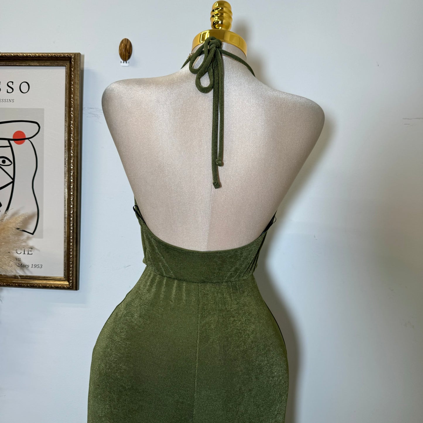 Bead Cowl Neck Halter Jumpsuit-Green