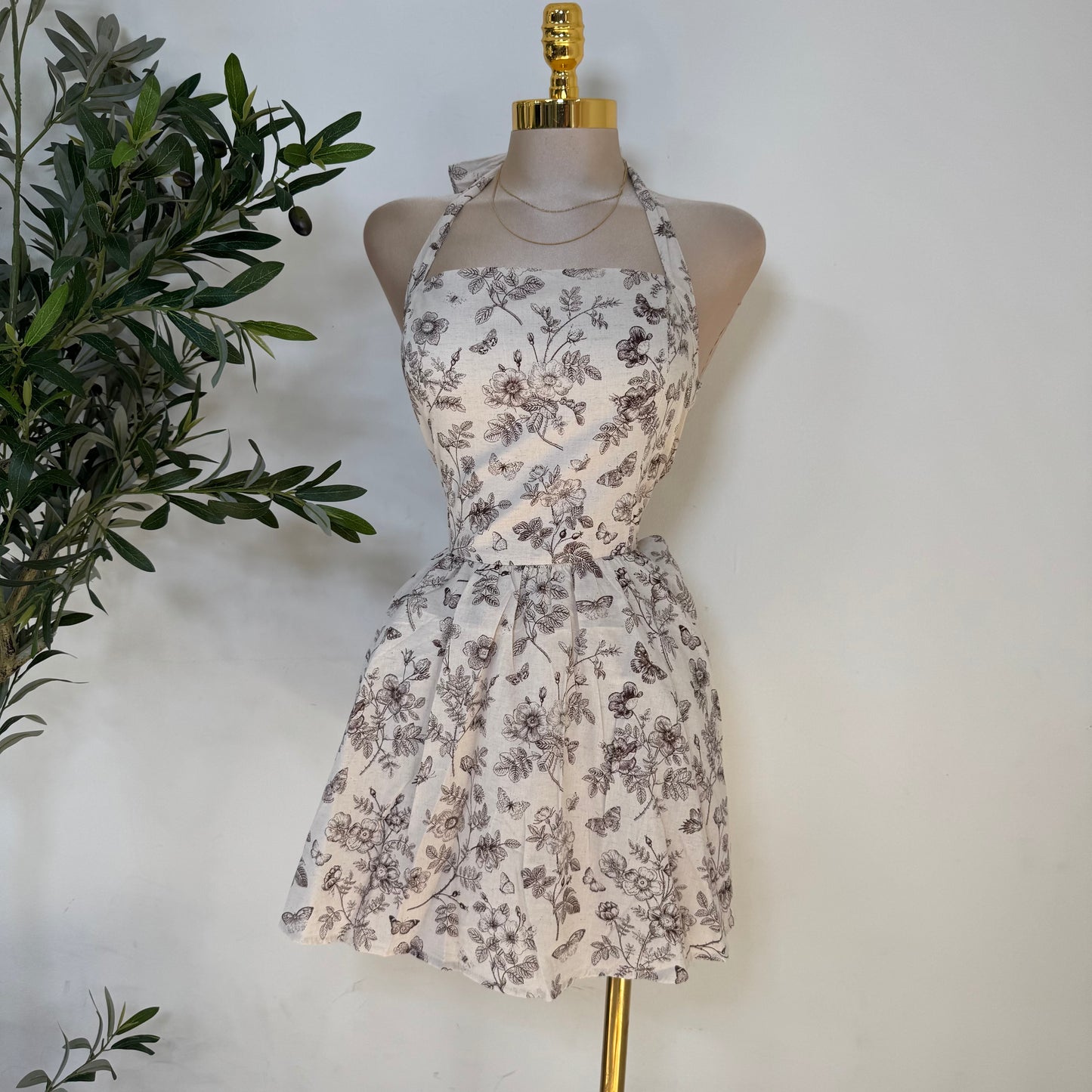 Halter Ballon Dress-Cream/Brown