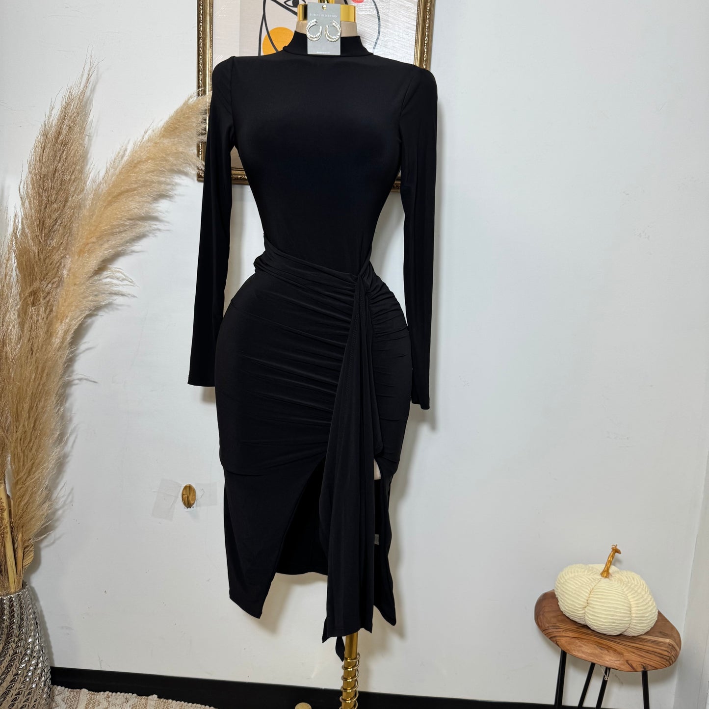 Mock Neck Ruffle Midi Dress-Black