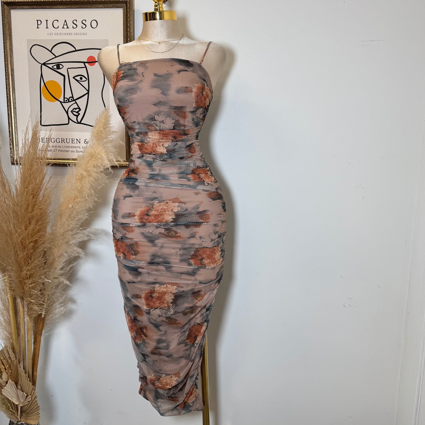 Gold Metallic Mesh Print -Latte