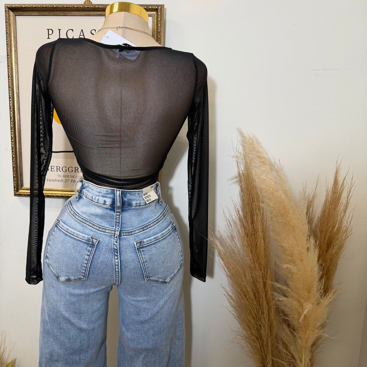 Long Sleeve Mesh Corset Top with Sewn bra Cups-Black