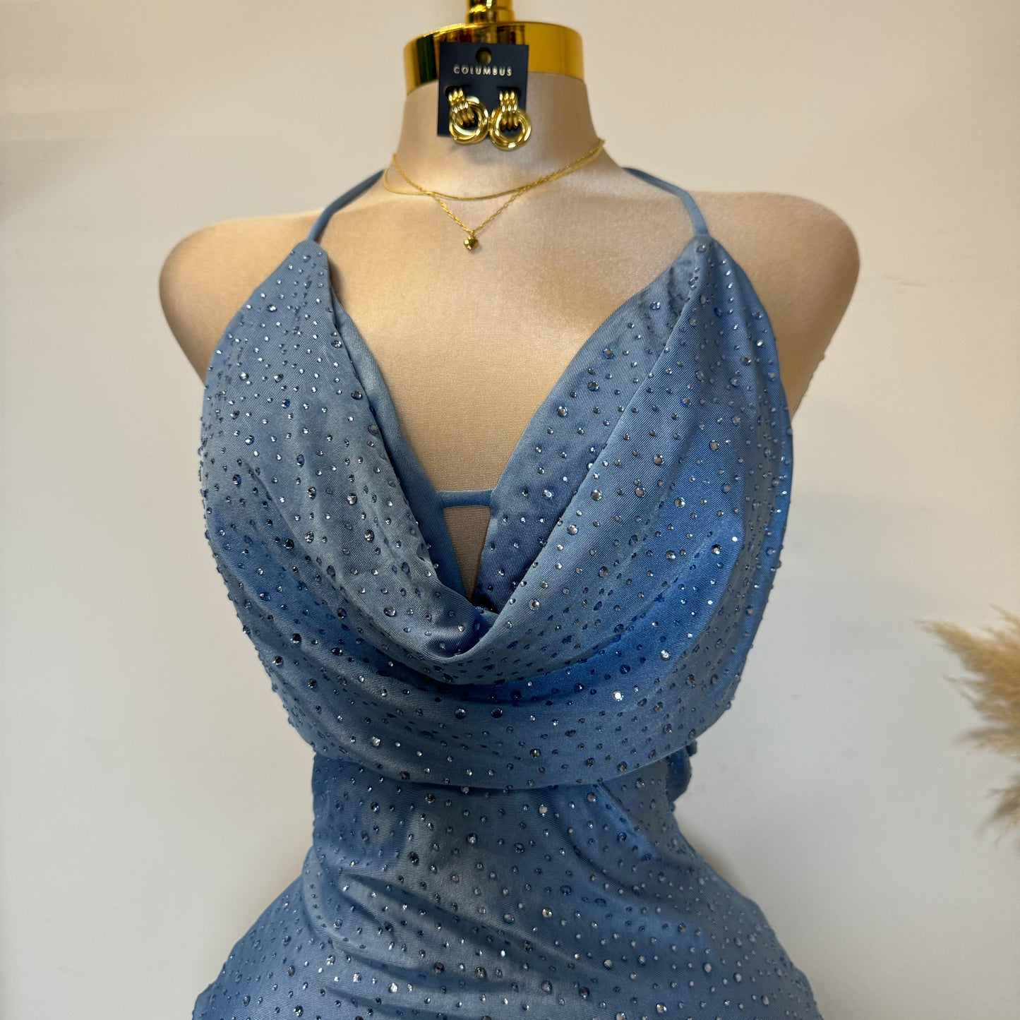 Cowl Rhinestone Dress-Baby Blue