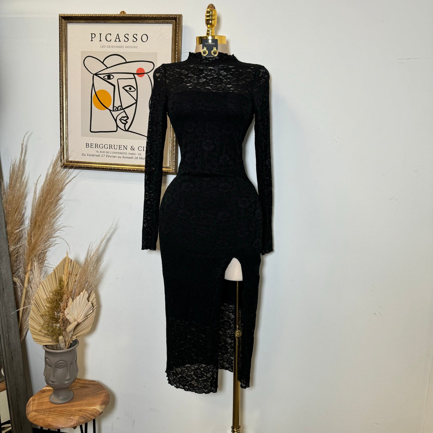 Rosie Lace Midi Open Slit  Dress-Black
