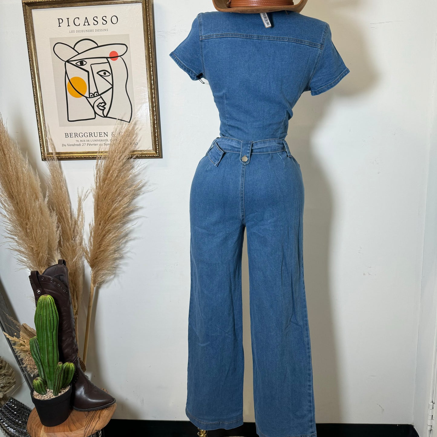 Belt Short Sleeve Jumpsuit-Denim Blue