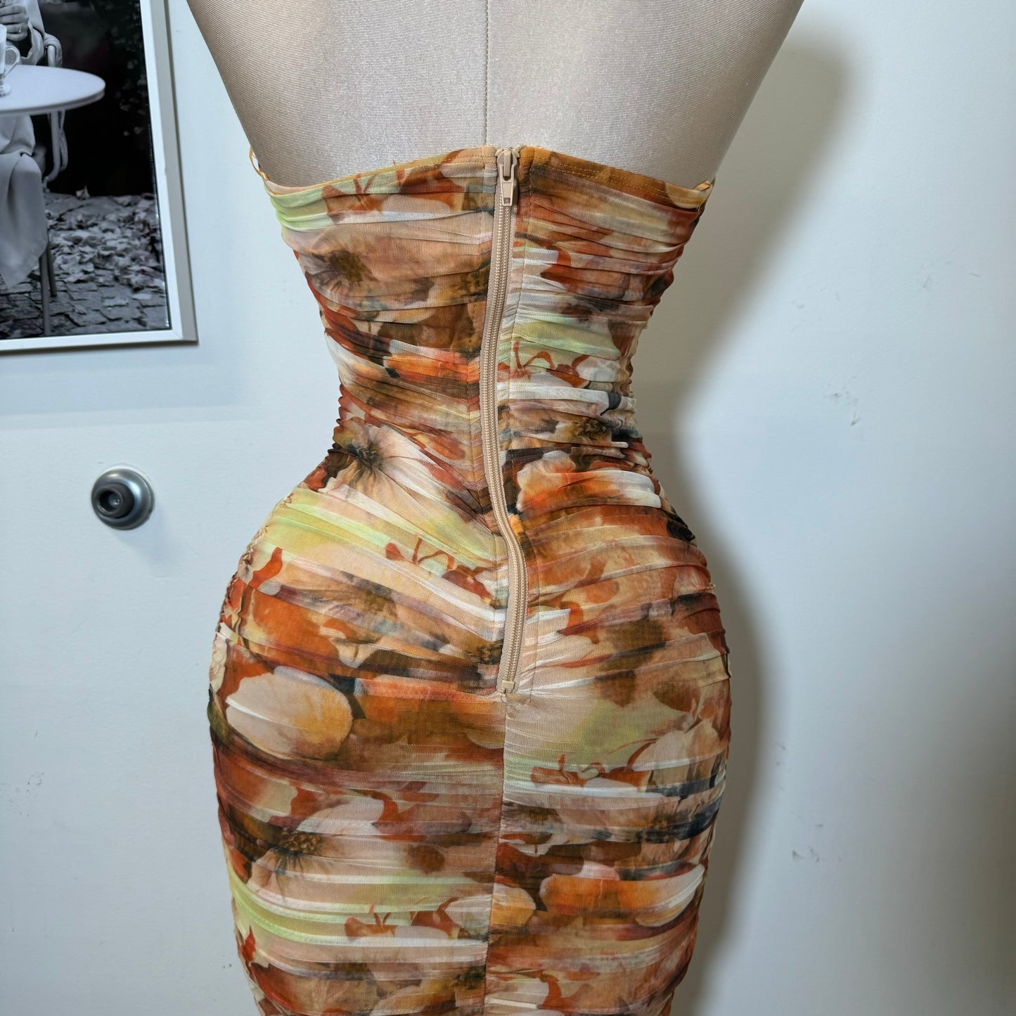 Tropical Sweetheart Neckline Mesh Print Midi Dress-Orange