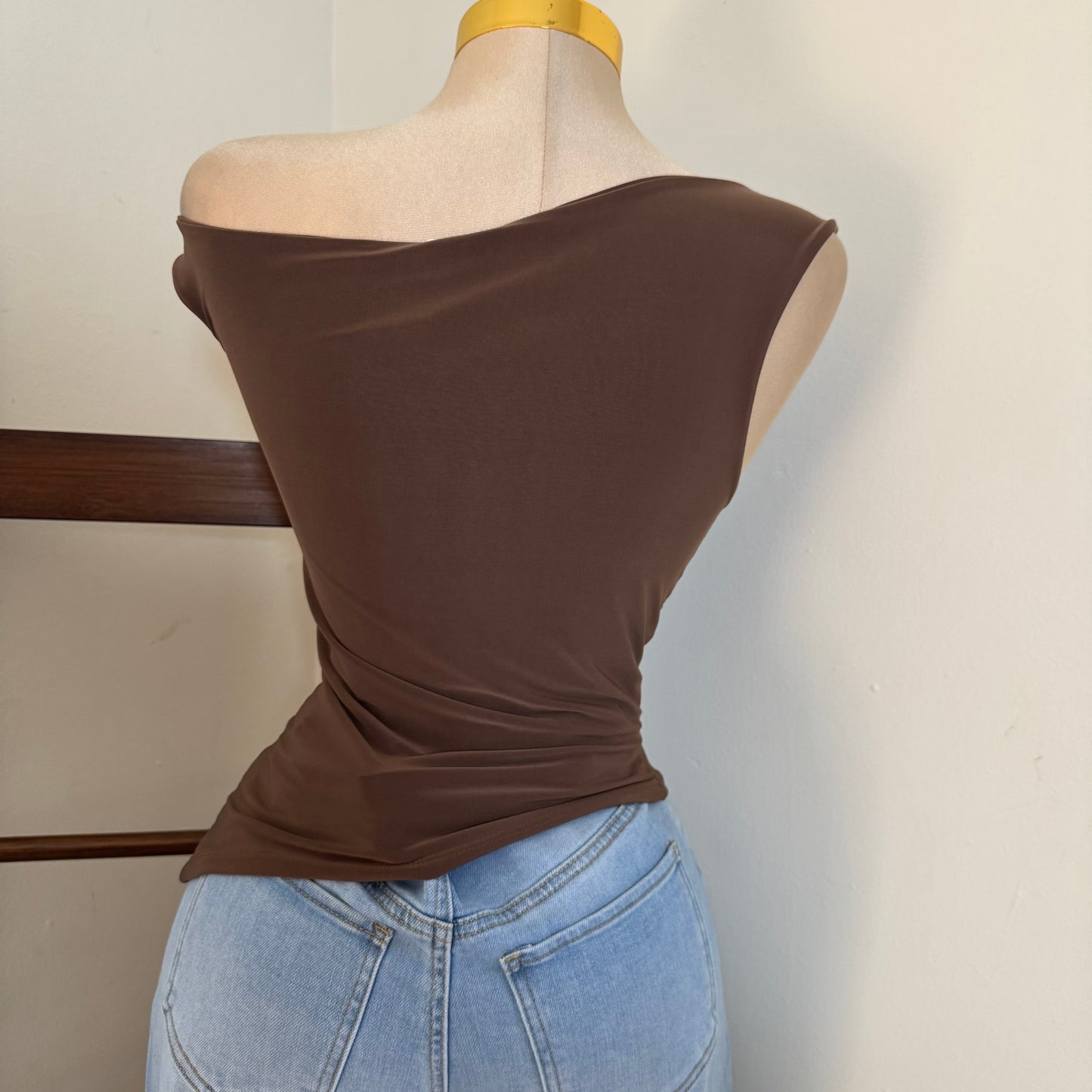 Asymmetrical Off Shoulder Ruched Crop Top-Brown
