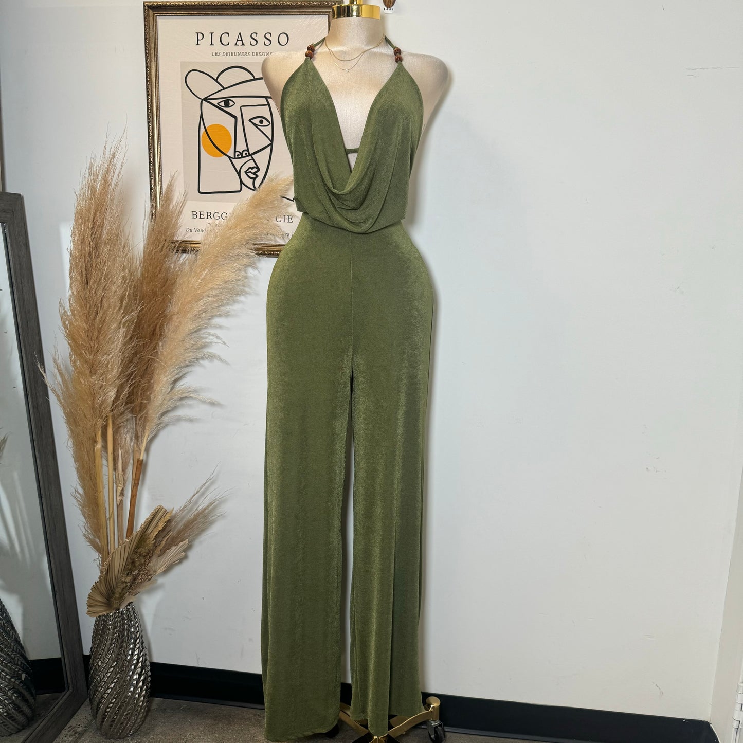 Bead Cowl Neck Halter Jumpsuit-Green