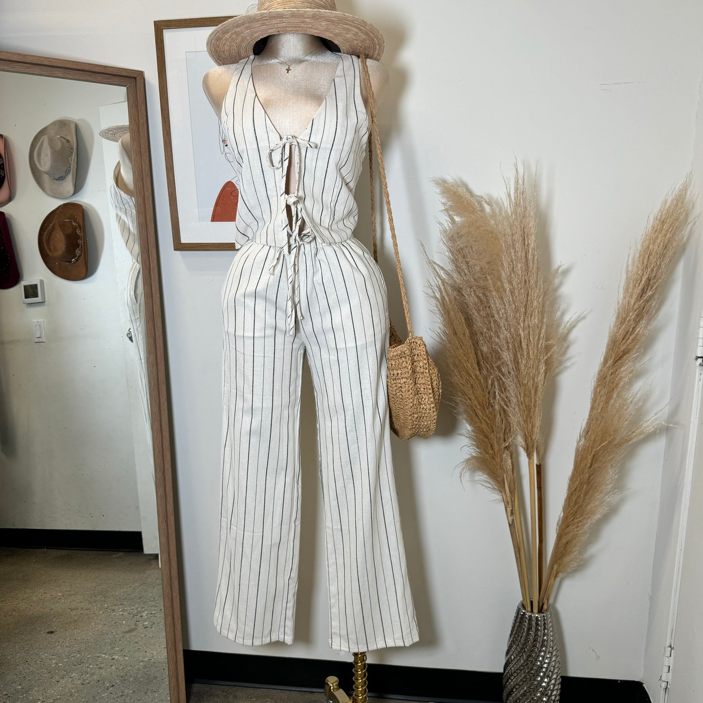 Knot Linen Pant Set-White and Black Stripes