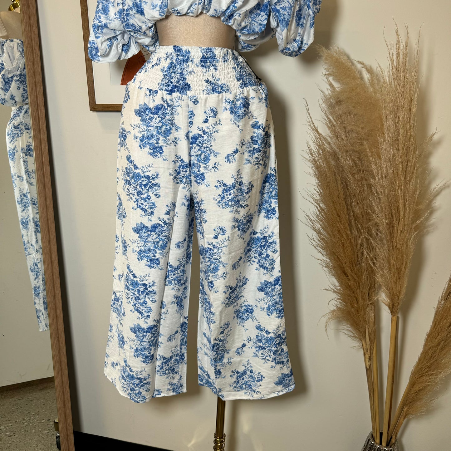 Off Shoulder Floral Top and Pant-Blue/White