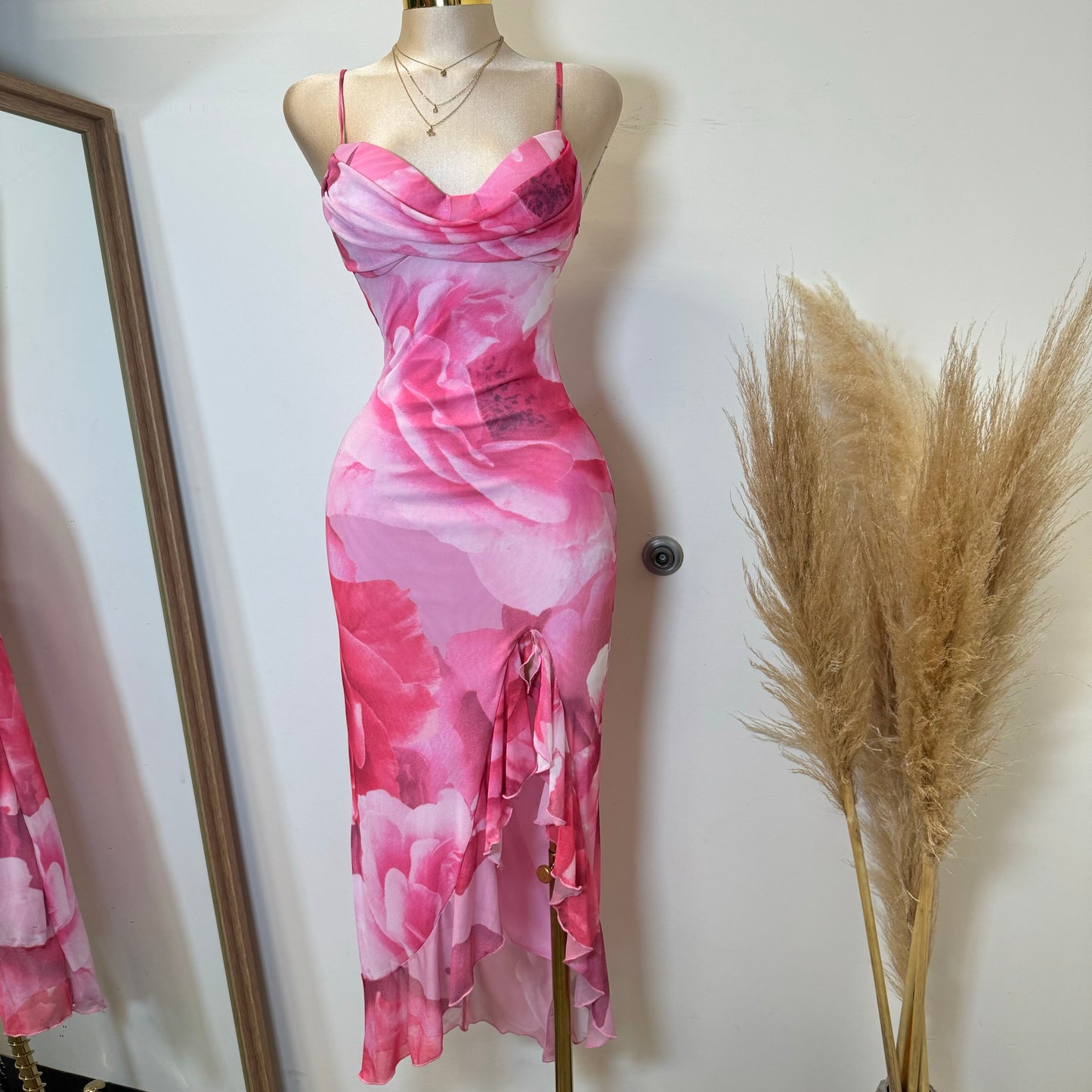 Zabrina Floral Ruffle Slit Mesh Dress-Pink