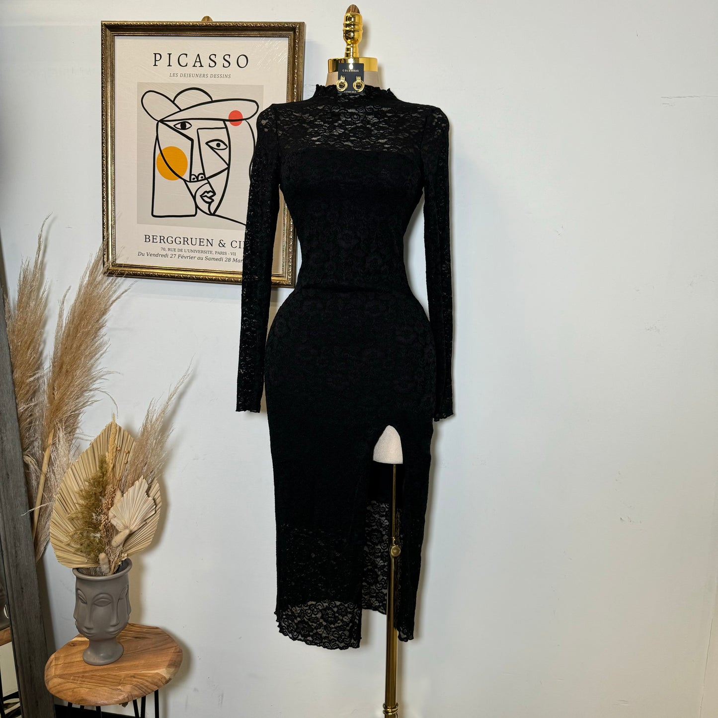 Rosie Lace Midi Open Slit  Dress-Black