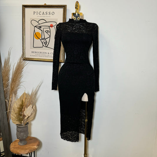 Rosie Lace Midi Open Slit  Dress-Black