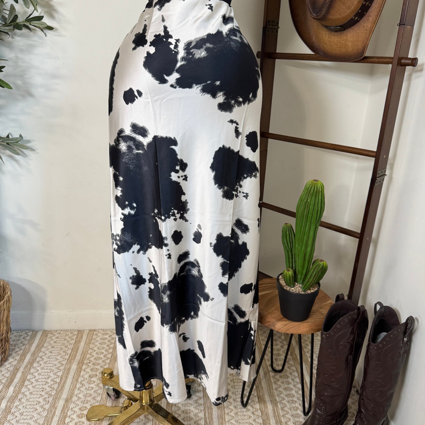 Cow Print Satin Maxi Skirt-Black