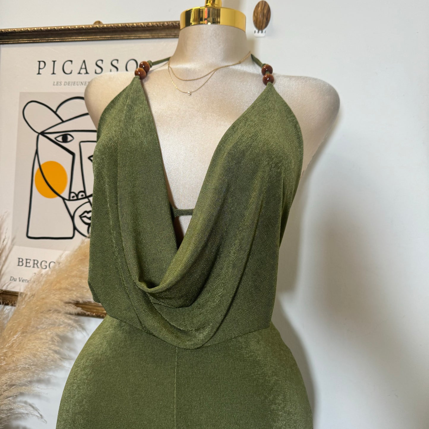 Bead Cowl Neck Halter Jumpsuit-Green