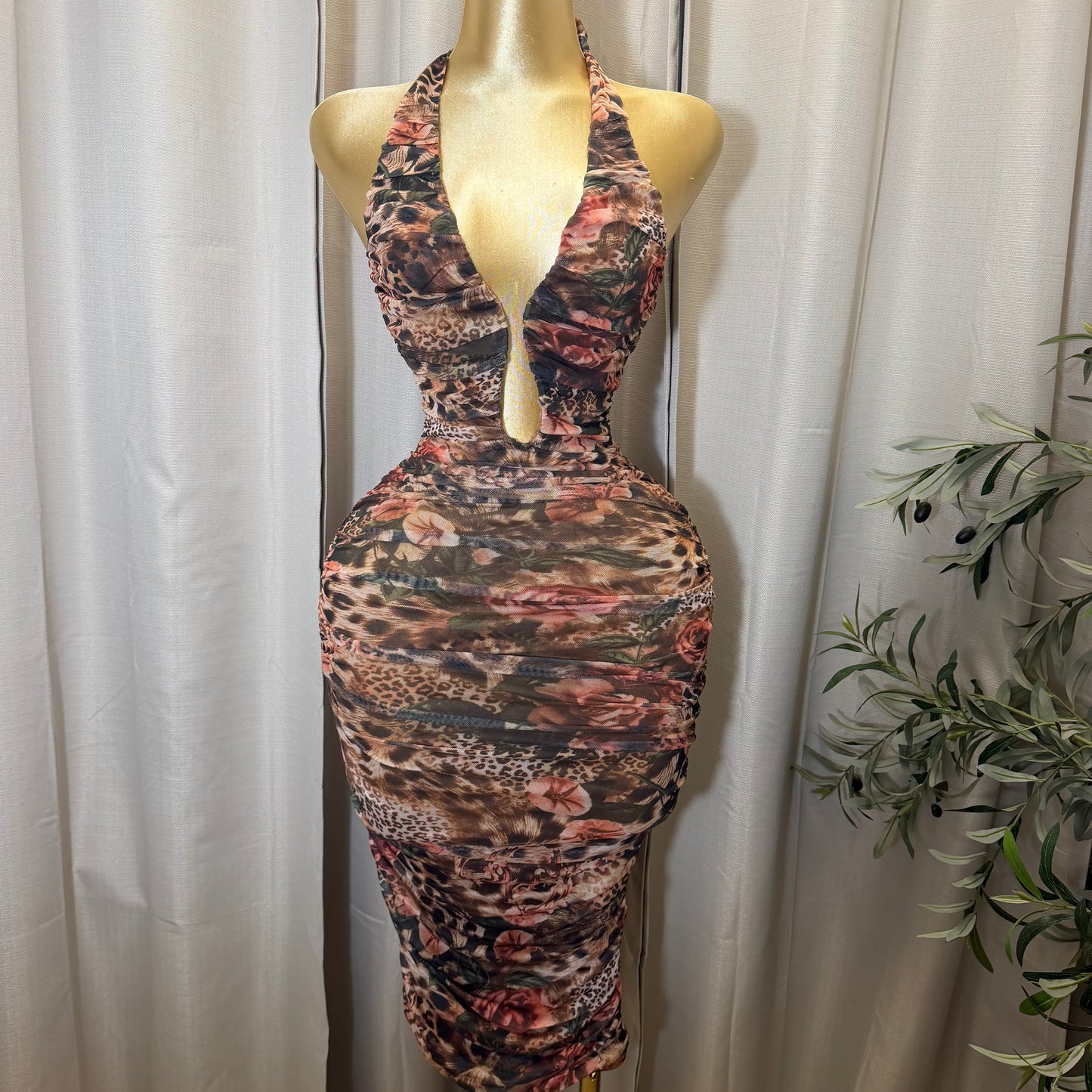 U WIRE INSERT HALTER MIDI DRESS-Brown Multi