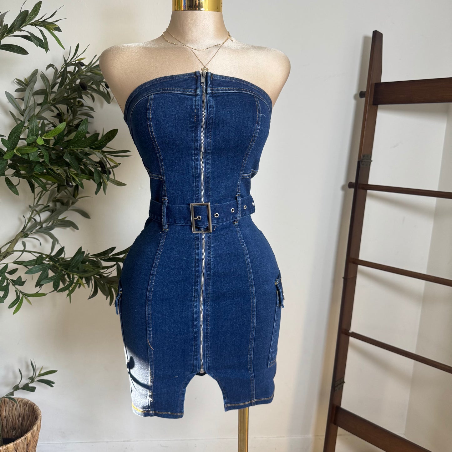Cargo Strapless Denim Dress-Denim