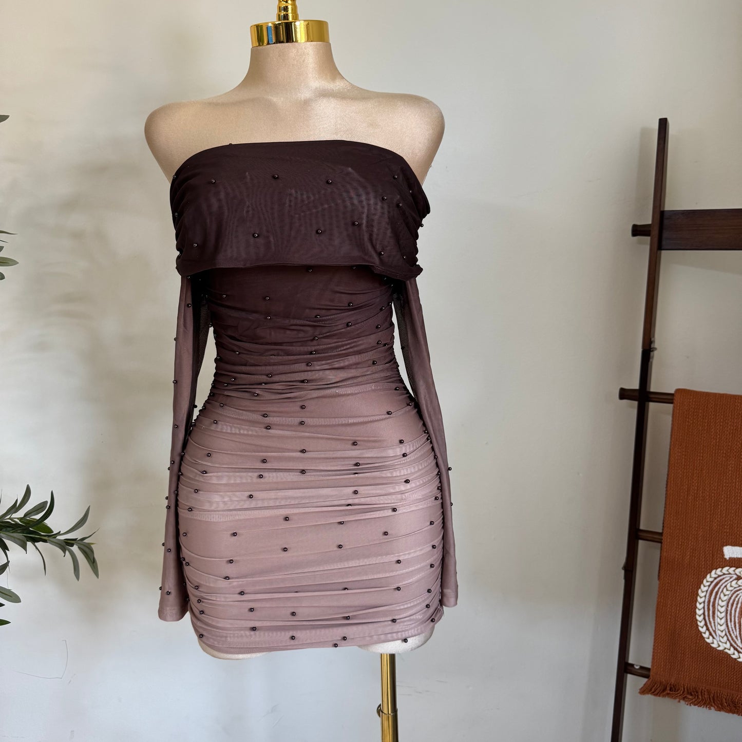 Off Shoulder Pearl ombré dress-Mocha