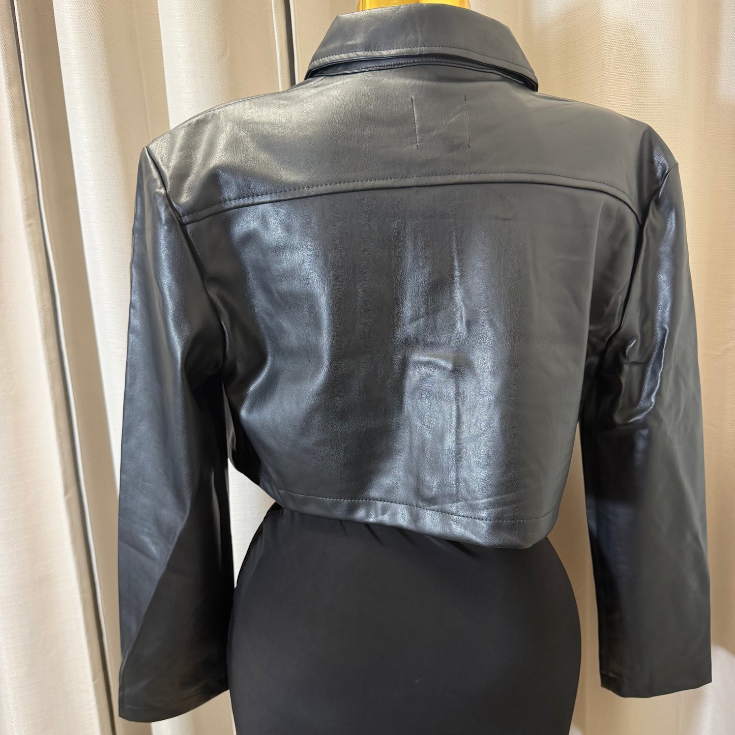 PU Leather Cropped Jacket-Black