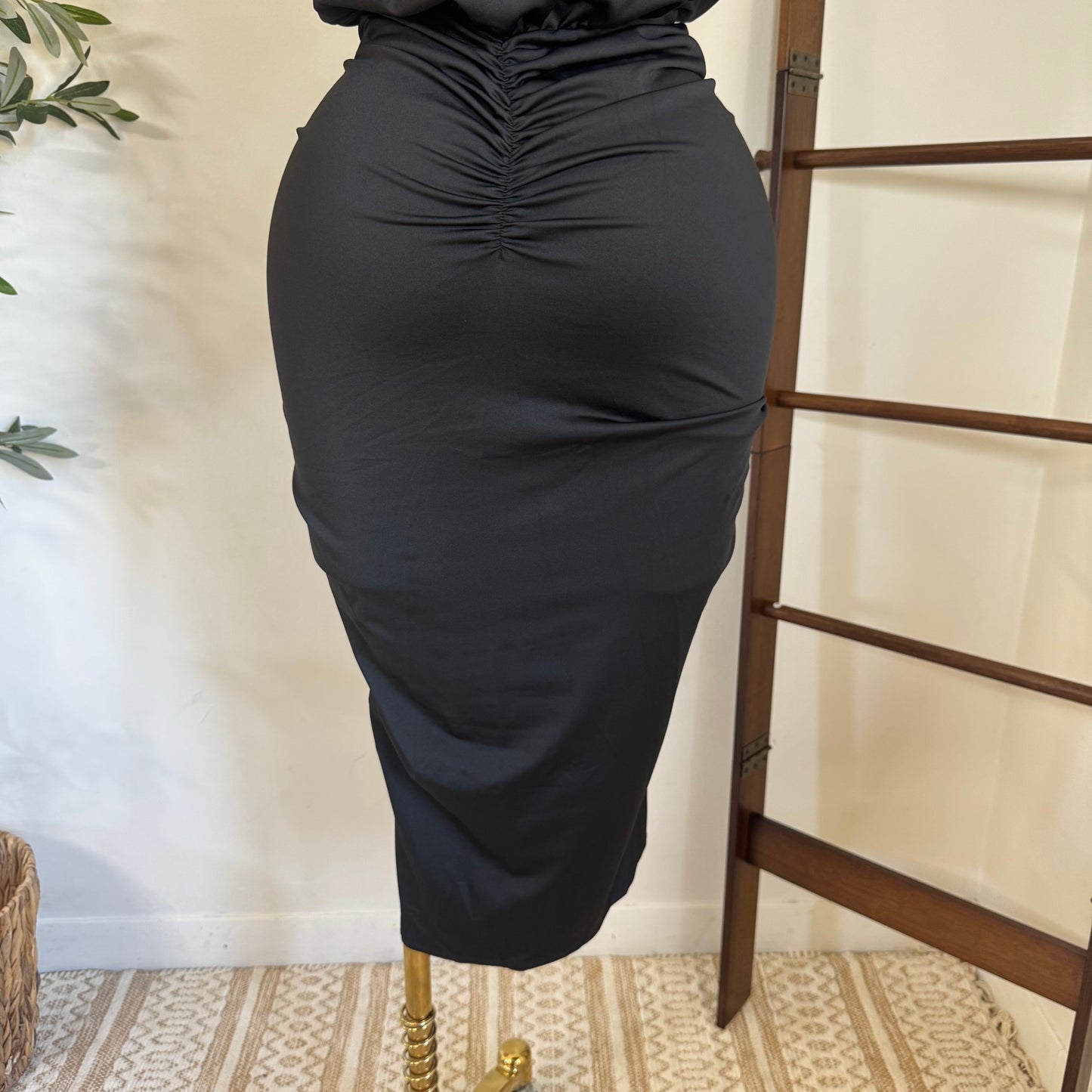 Ruched Elegance Draped Midi Dress-Black