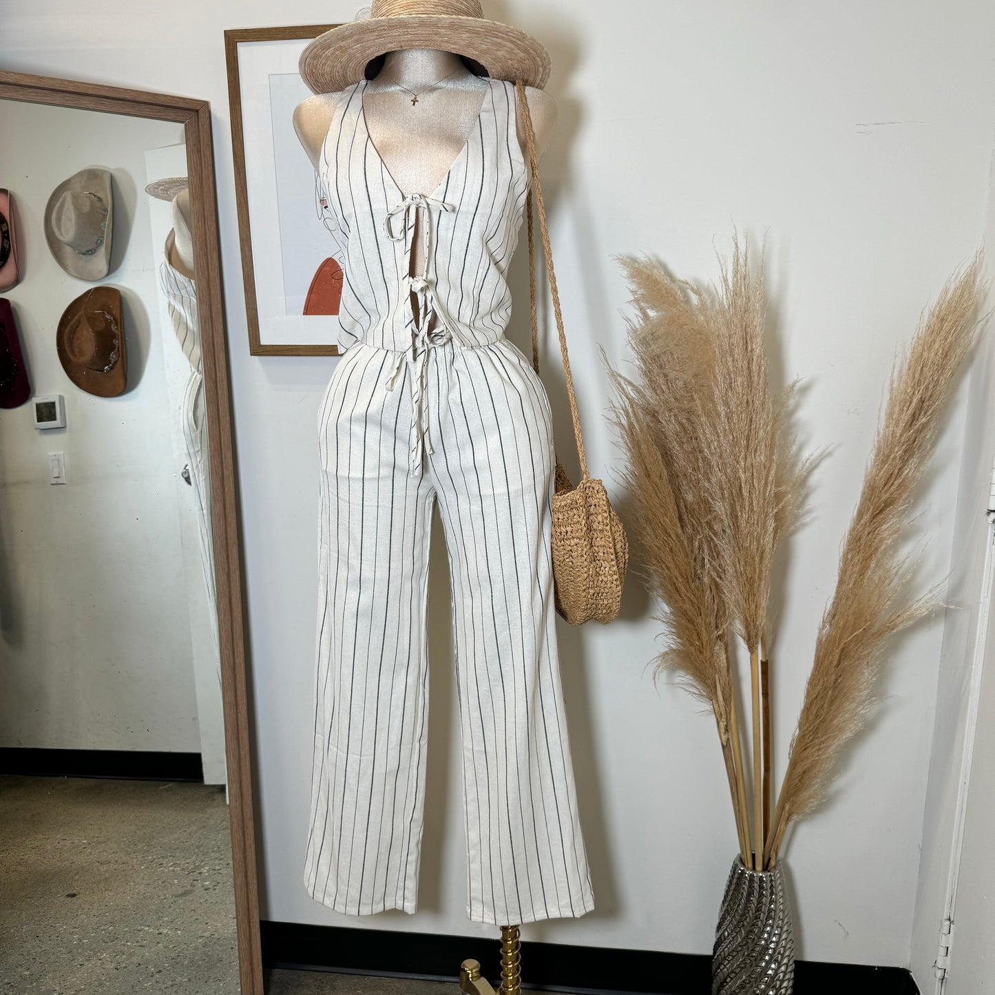 Knot Linen Pant Set-White and Black Stripes