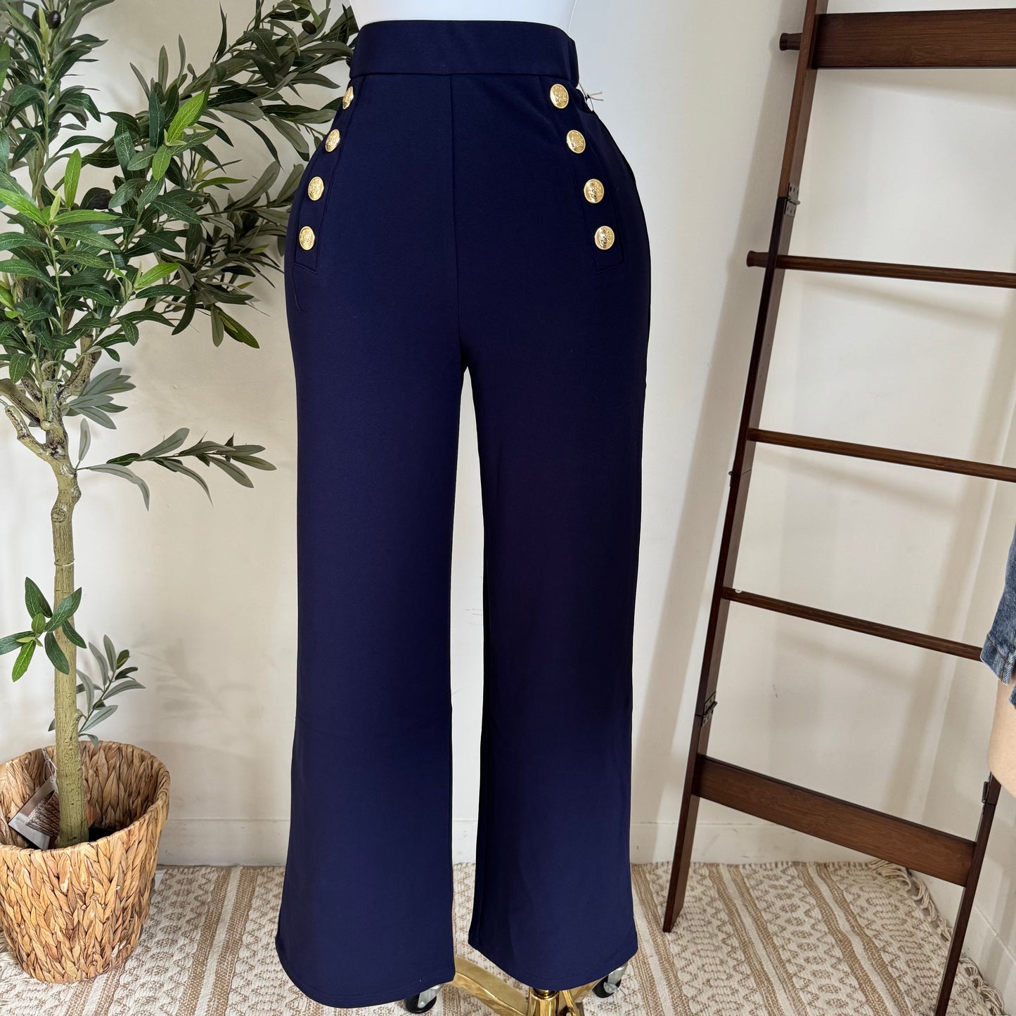 High waisted Dressy Pants with Buttons on the Side-Navy